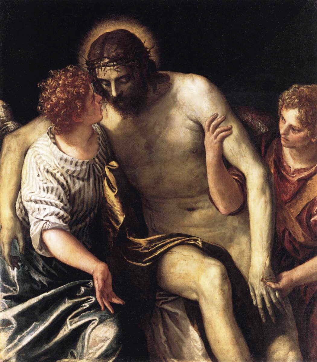 dead christ supported by two angels